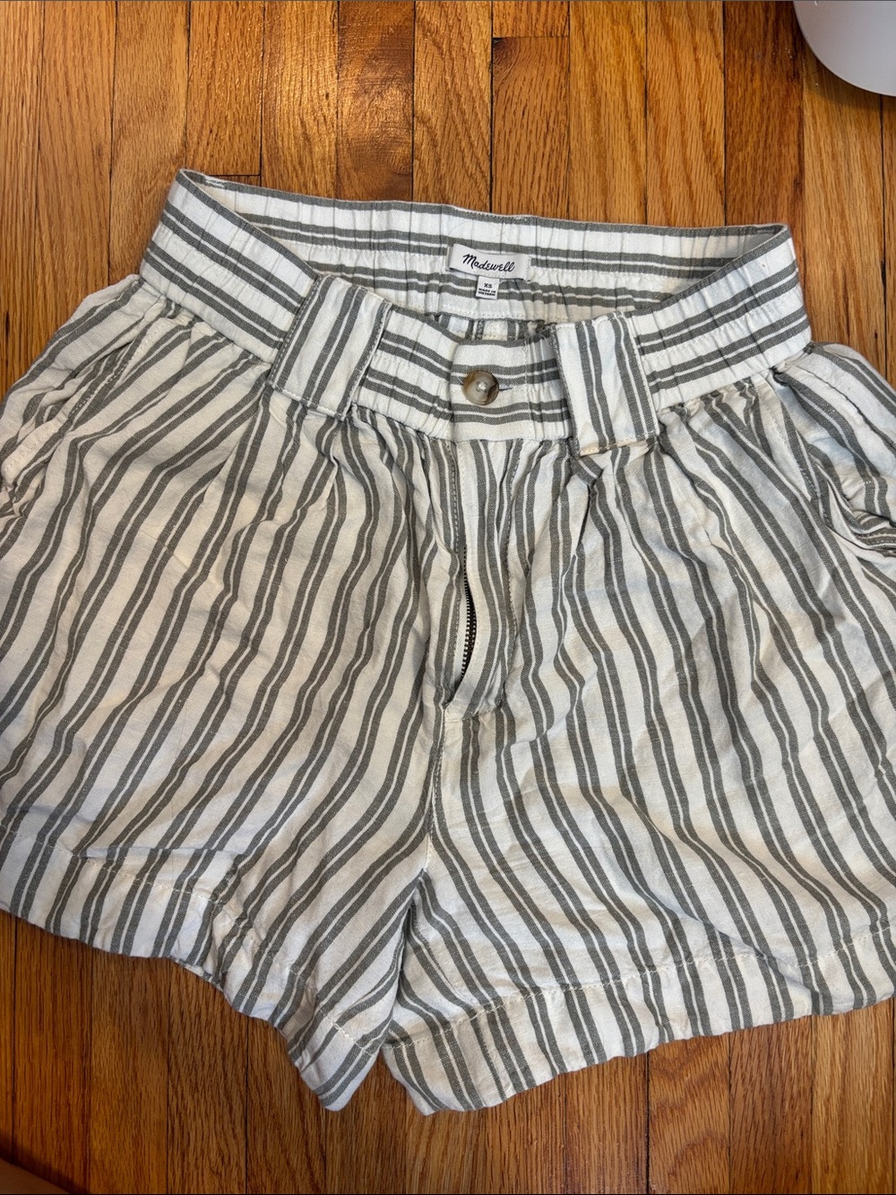 Madewell Ivory and Gray Striped High-Waist Shorts